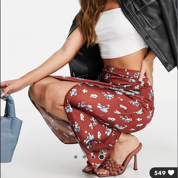 NWOT ASOS design satin drape midi skirt with thigh split in rust floral - Picture 4 of 7